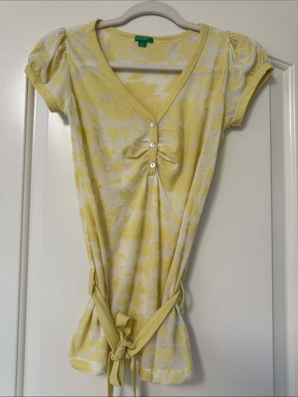 United Colors Of Benetton Yellow & Cream Tie-Waist Short Sleeve Top